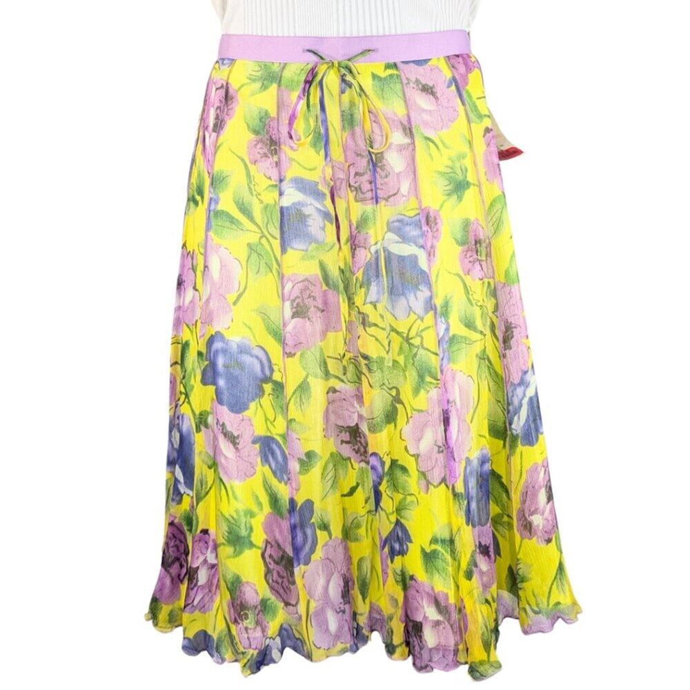 WDNY 10 NWT Yellow Purple Floral Silk Chiffon A-Line Knee Length Skirt